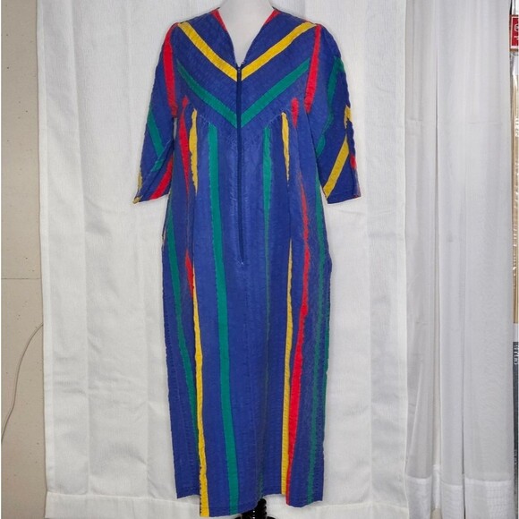 Saybury Vintage Medium Blue Stonewashed Seersucker Stiped Zip Front Robe - Picture 1 of 12